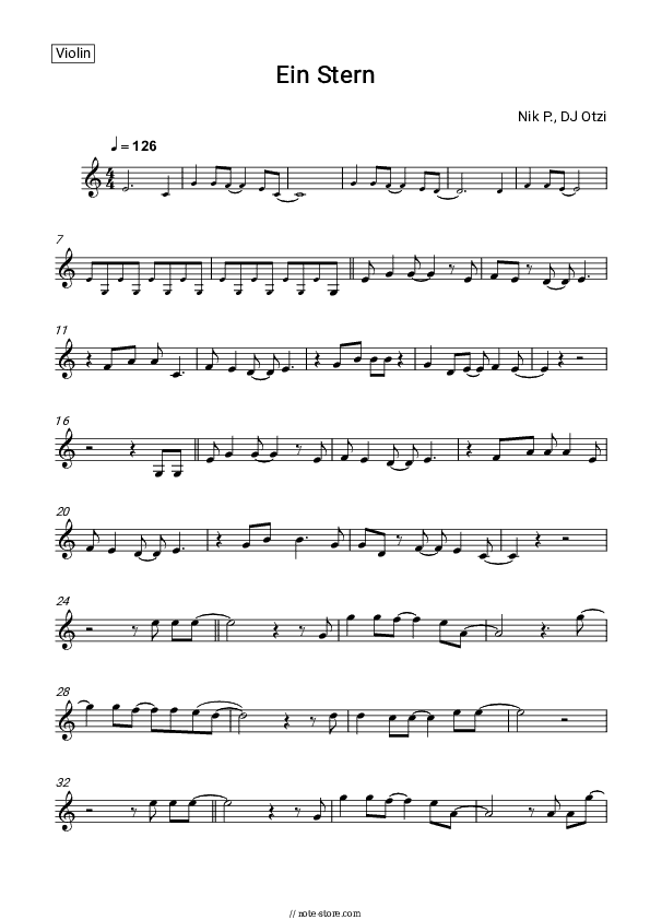Ein Stern (der deinen Namen tragt) - Nik P., DJ Ötzi Violin Sheet Music - Violin