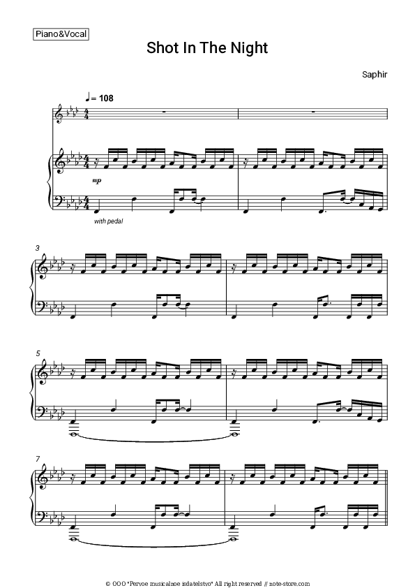 Shot In The Night - SAPHIR Piano Sheet Music with the Voice part - Piano&Vocal