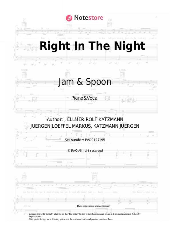 Right In The Night - Jam & Spoon, Plavka Piano Sheet Music with the Voice part - Piano&Vocal