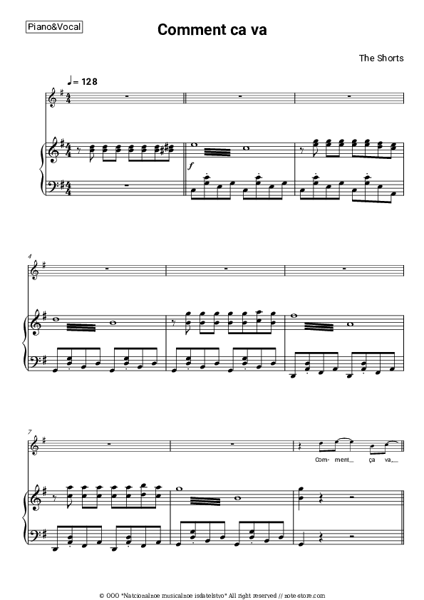 Comment ça va - The Shorts Piano Sheet Music with the Voice part - Piano&Vocal
