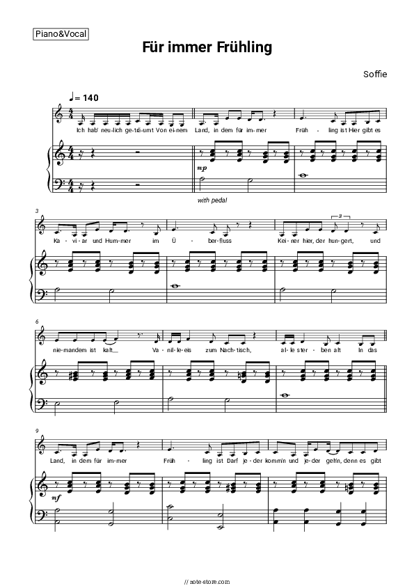 Für immer Frühling - Soffie Piano Sheet Music with the Voice part - Piano&Vocal