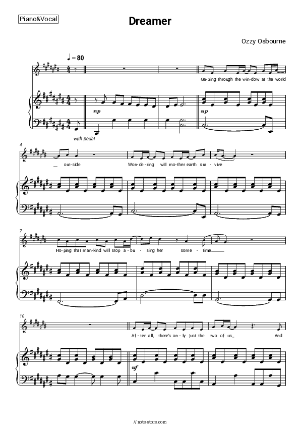 Dreamer - Ozzy Osbourne Piano Sheet Music with the Voice part - Piano&Vocal