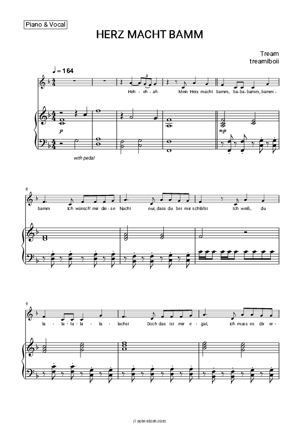 HERZ MACHT BAMM - Tream, treamiboii Piano Sheet Music with the Voice part - Piano&Vocal
