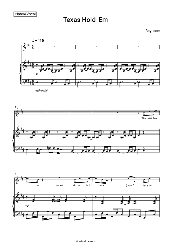 Texas Hold 'Em - Beyonce Piano Sheet Music with the Voice part - Piano&Vocal