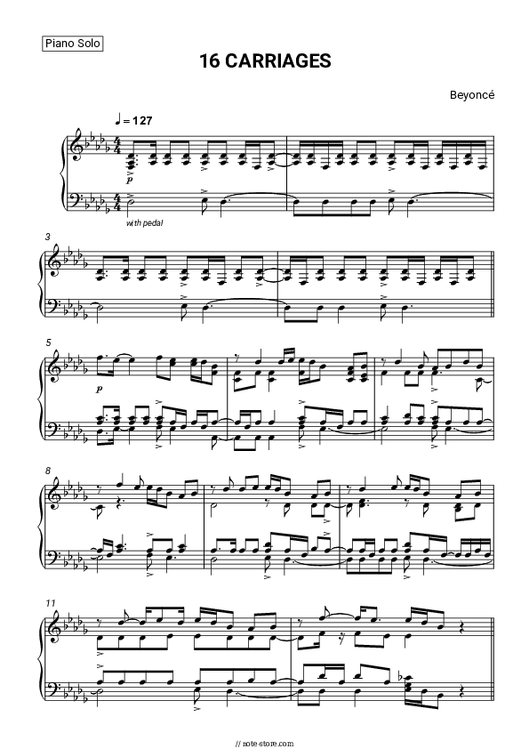 16 Carriages - Beyonce Piano Sheet Music - Piano.Solo