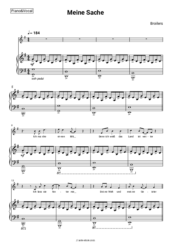 Meine Sache - Broilers Piano Sheet Music with the Voice part - Piano&Vocal