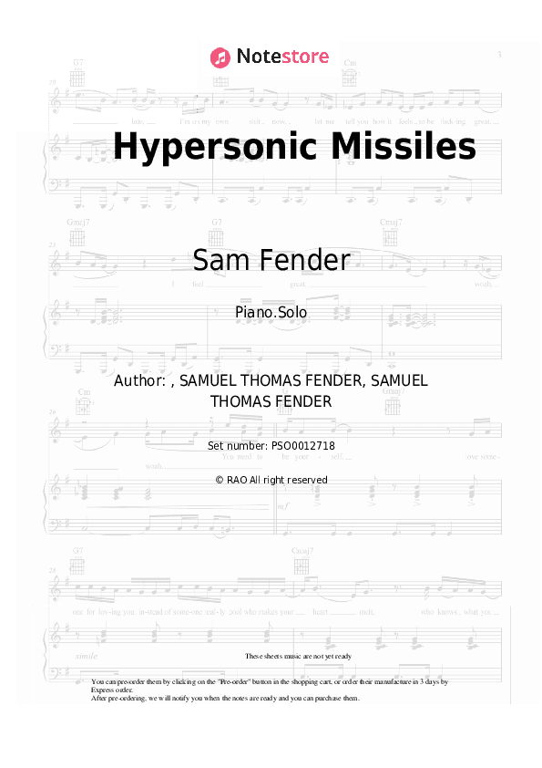 Hypersonic Missiles - Sam Fender Piano Sheet Music - Piano.Solo