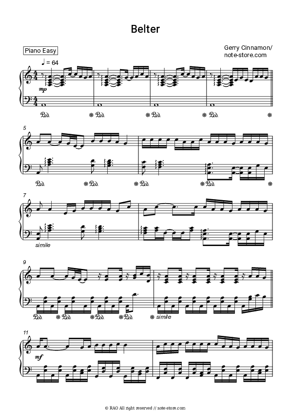 Belter - Gerry Cinnamon Piano Sheet Music - Piano.Solo