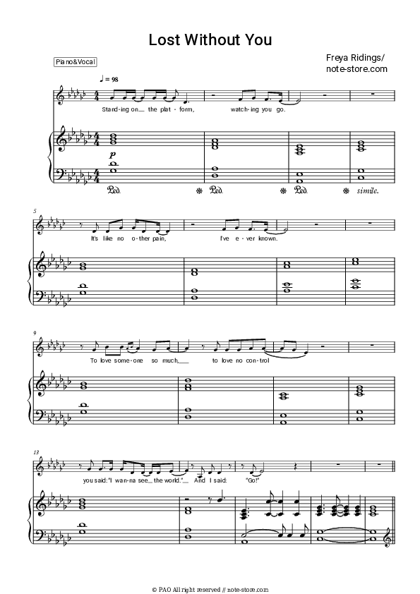 Lost Without You - Freya Ridings Piano Sheet Music with the Voice part - Piano&Vocal