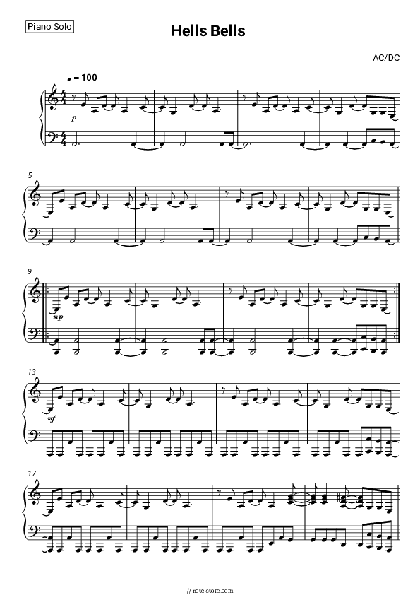 Hells Bells - AC/DC Piano Sheet Music - Piano.Solo
