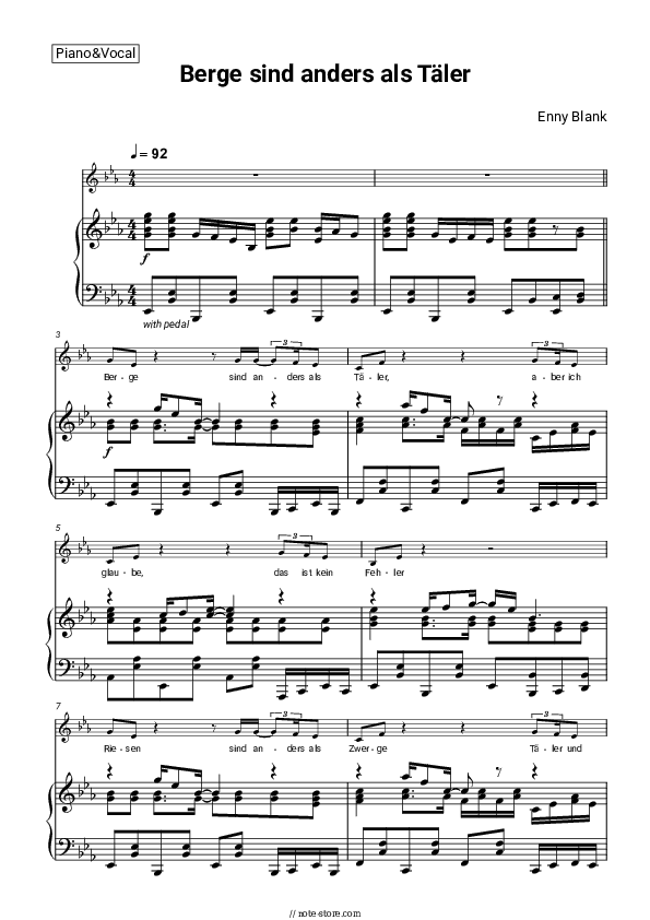 Berge sind anders als Täler - Enny Blank Piano Sheet Music with the Voice part - Piano&Vocal