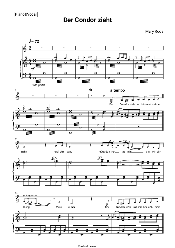 Der Condor zieht - Mary Roos Piano Sheet Music with the Voice part - Piano&Vocal