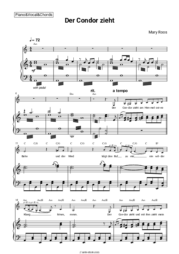 Der Condor zieht - Mary Roos Piano Sheet Music with the Vocal and Chords - Piano&Vocal&Chords