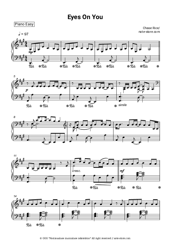 Eyes On You - Chase Rice Piano Sheet Music Easy - Piano.Easy