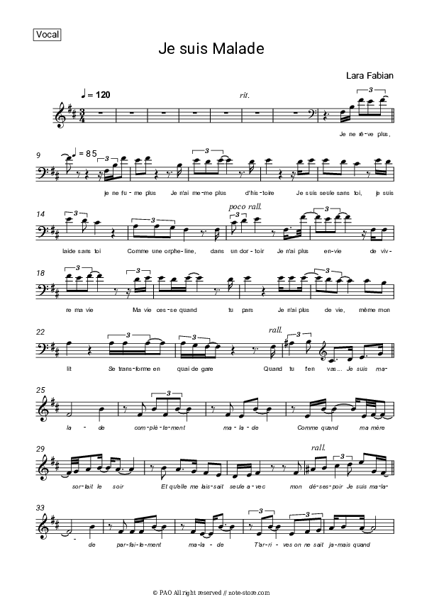 Je suis Malade - Lara Fabian Vocal Sheet Music - Vocal