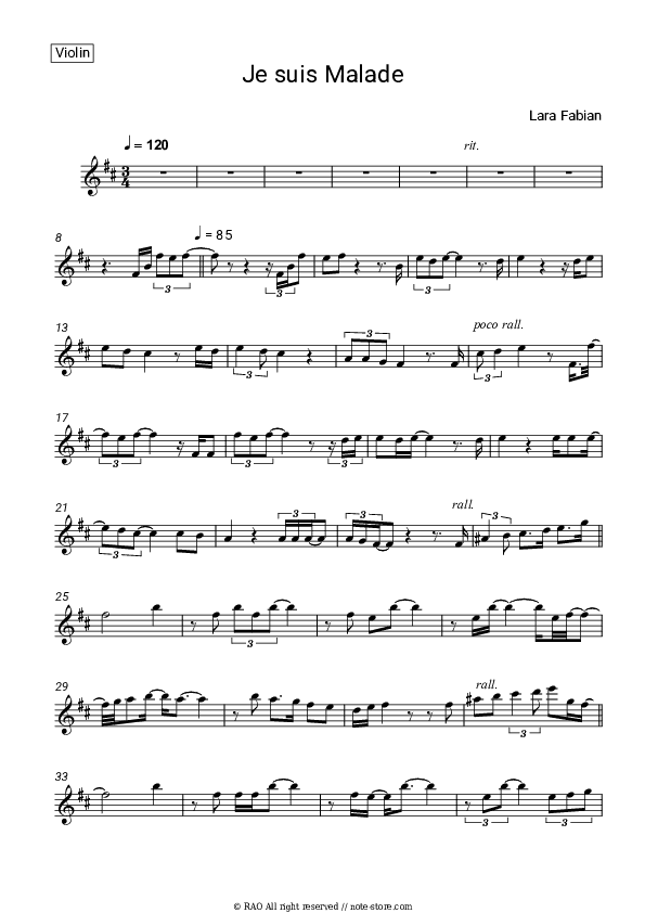 Je suis Malade - Lara Fabian Violin Sheet Music - Violin