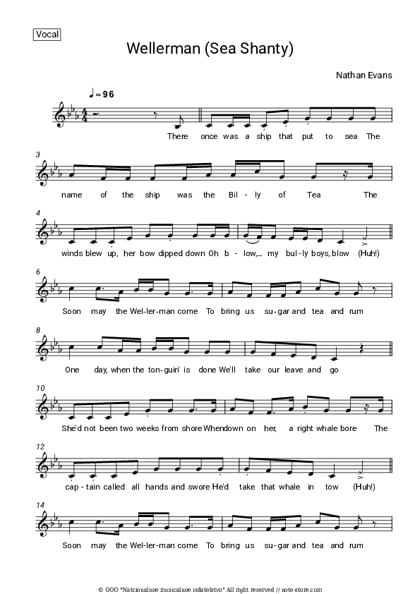 Wellerman (Sea Shanty) - Nathan Evans Vocal Sheet Music - Vocal