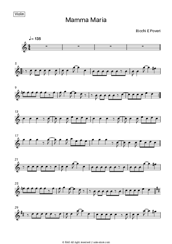 Mamma Maria - Ricchi e Poveri Violin Sheet Music - Violin