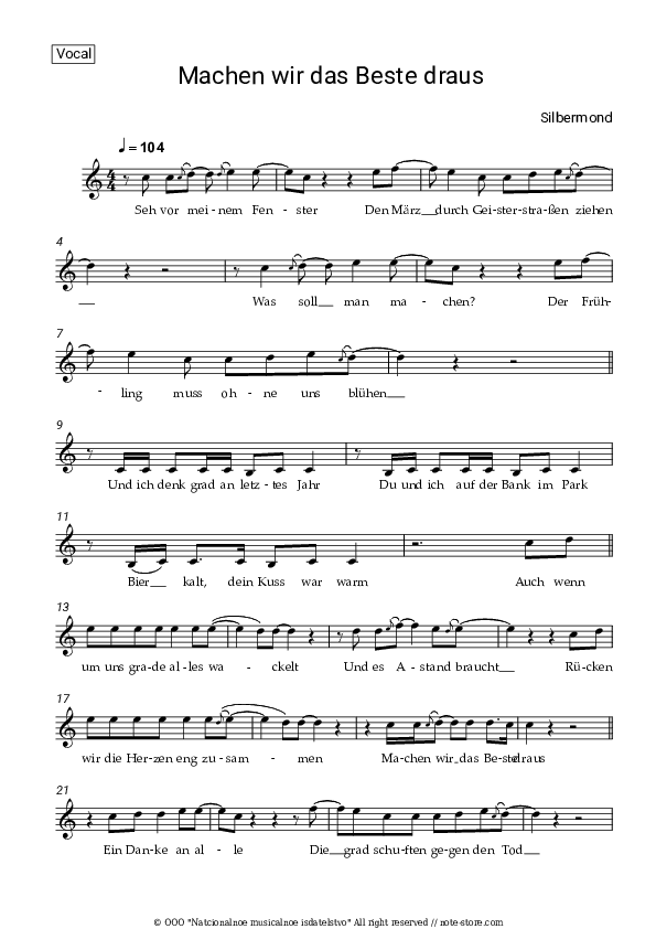 Machen wir das Beste draus - Silbermond Vocal Sheet Music - Vocal