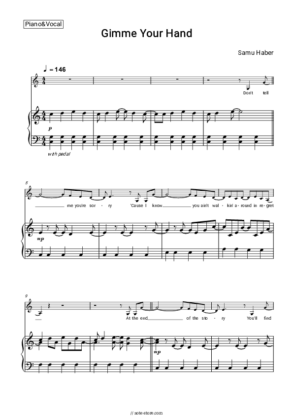 Gimme Your Hand - Samu Haber Piano Sheet Music with the Voice part - Piano&Vocal