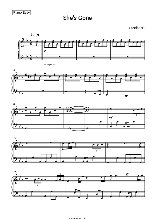 She's Gone - Steelheart Piano Sheet Music Easy - Piano.Easy