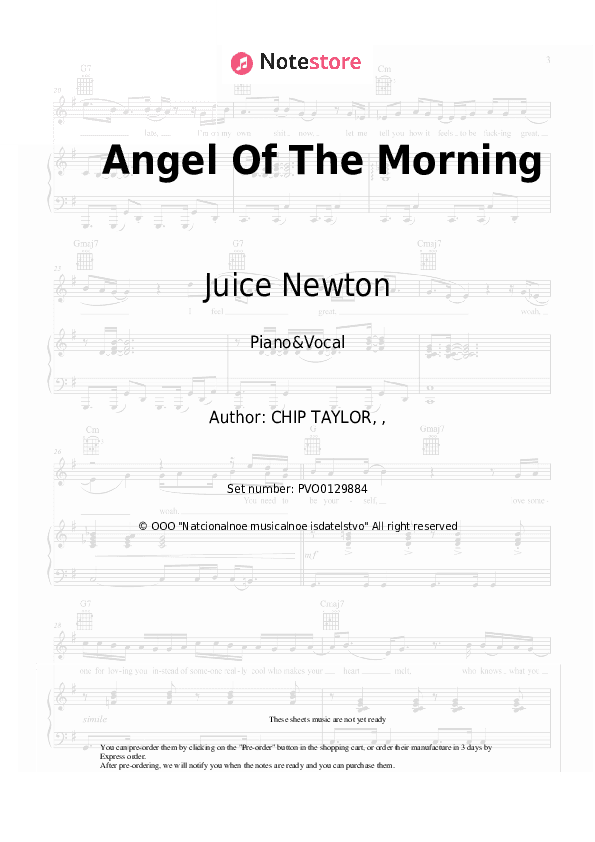 Angel Of The Morning - Juice Newton Piano Sheet Music with the Voice part - Piano&Vocal