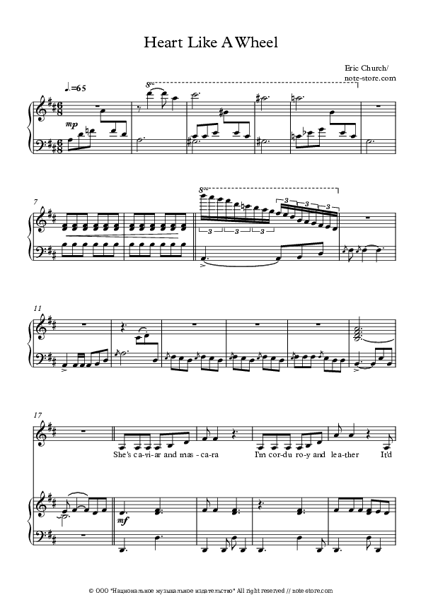 Heart Like a Wheel - Eric Church Piano Sheet Music with the Voice part - Piano&Vocal