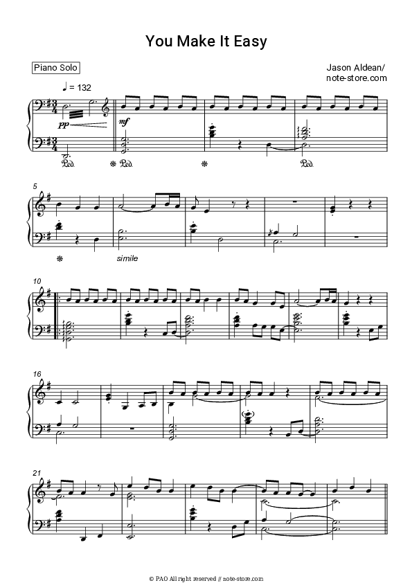 You Make It Easy - Jason Aldean Piano Sheet Music - Piano.Solo