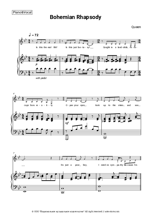 Bohemian Rhapsody - Queen Piano Sheet Music with the Voice part - Piano&Vocal