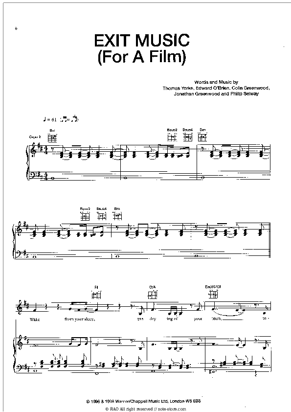 Exit Music (For A Film) - Radiohead Piano Sheet Music with the Voice part - Piano&Vocal