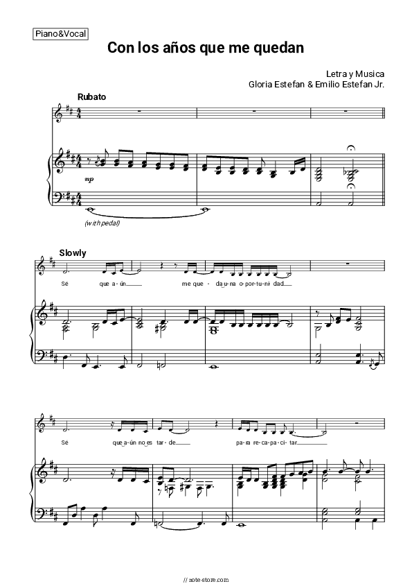 Con los Años Que Me Quedan - Gloria Estefan Piano Sheet Music with the Voice part - Piano&Vocal