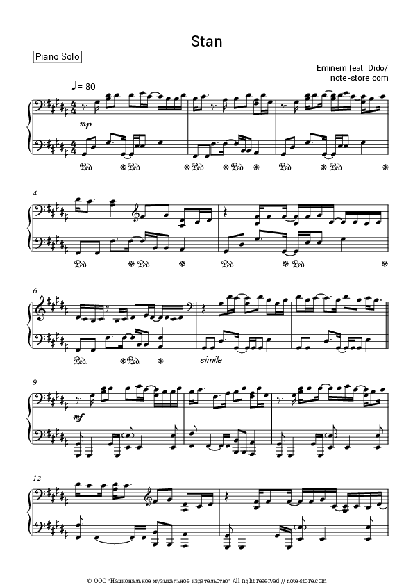Stan - Eminem, Dido Piano Sheet Music - Piano.Solo