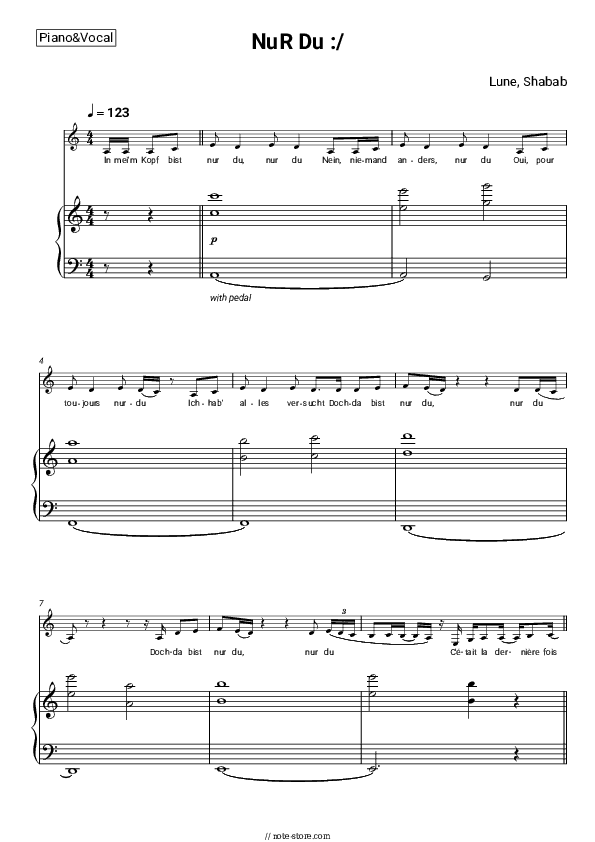 NuR Du :/ - Lune, Shabab Piano Sheet Music with the Voice part - Piano&Vocal