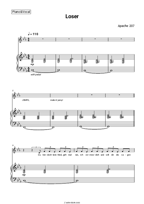 Loser - Apache 207 Piano Sheet Music with the Voice part - Piano&Vocal