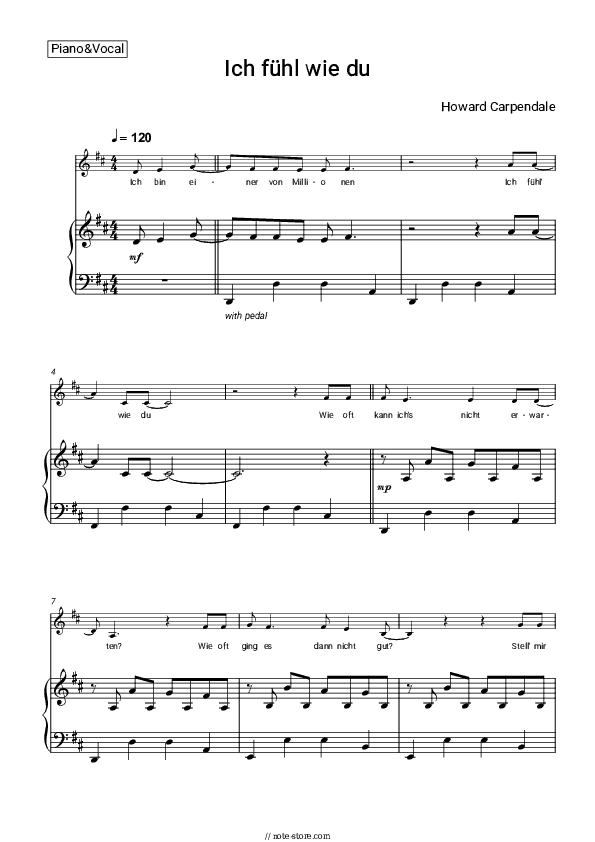 Ich fühl wie du - Howard Carpendale Piano Sheet Music with the Voice part - Piano&Vocal