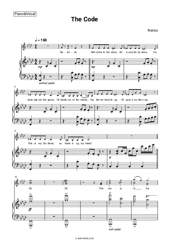 The Code - Nemo Piano Sheet Music with the Voice part - Piano&Vocal