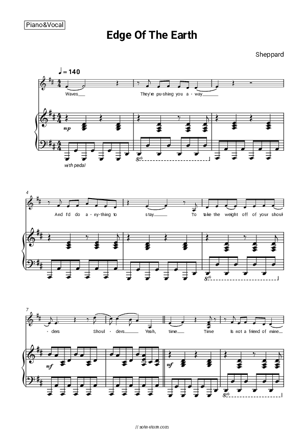 Edge Of The Earth - Sheppard Piano Sheet Music with the Voice part - Piano&Vocal