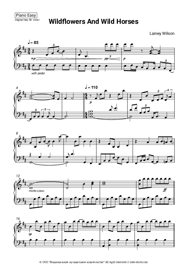 Wildflowers and Wild Horses - Lainey Wilson Piano Sheet Music Easy - Piano.Easy