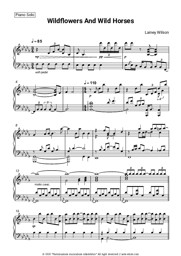 Wildflowers and Wild Horses - Lainey Wilson Piano Sheet Music - Piano.Solo