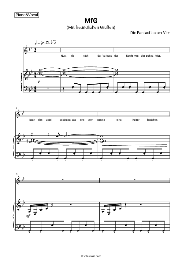 MfG (Mit freundlichen Grüßen) - Die Fantastischen Vier Piano Sheet Music with the Voice part - Piano&Vocal