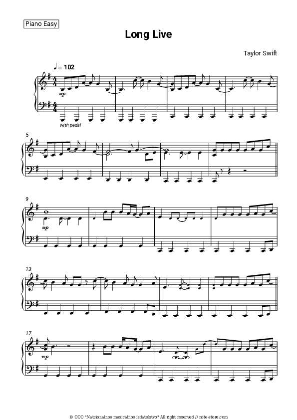 Long Live - Taylor Swift Piano Sheet Music Easy - Piano.Easy