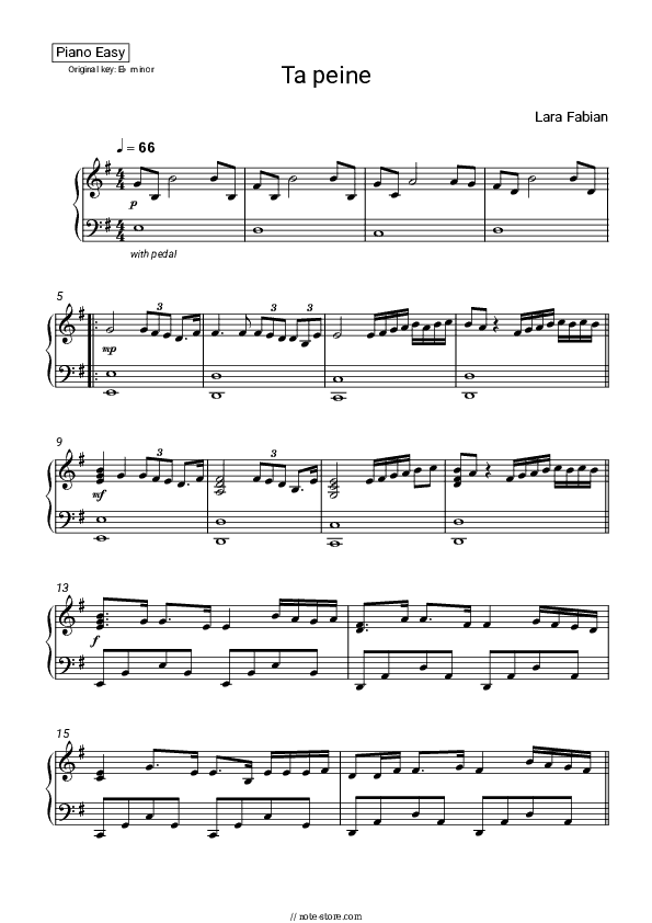 Ta peine - Lara Fabian Piano Sheet Music Easy - Piano.Easy