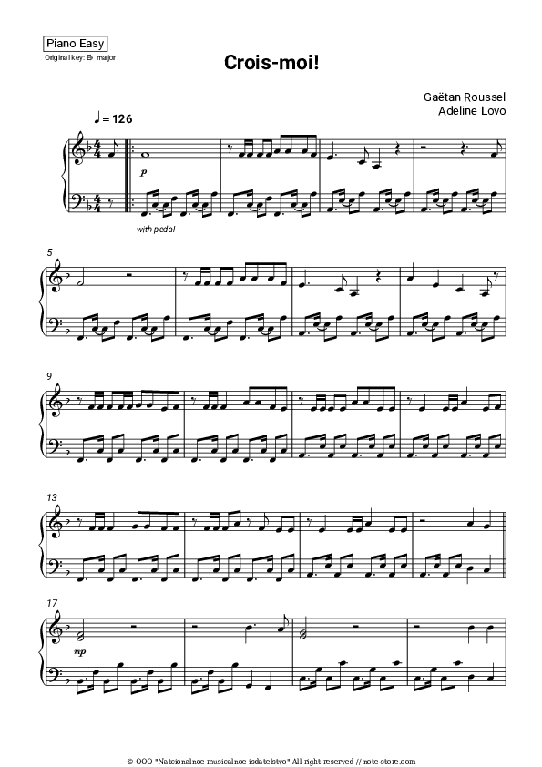 Crois-moi - Gaëtan Roussel, Adeline Lovo Piano Sheet Music Easy - Piano.Easy