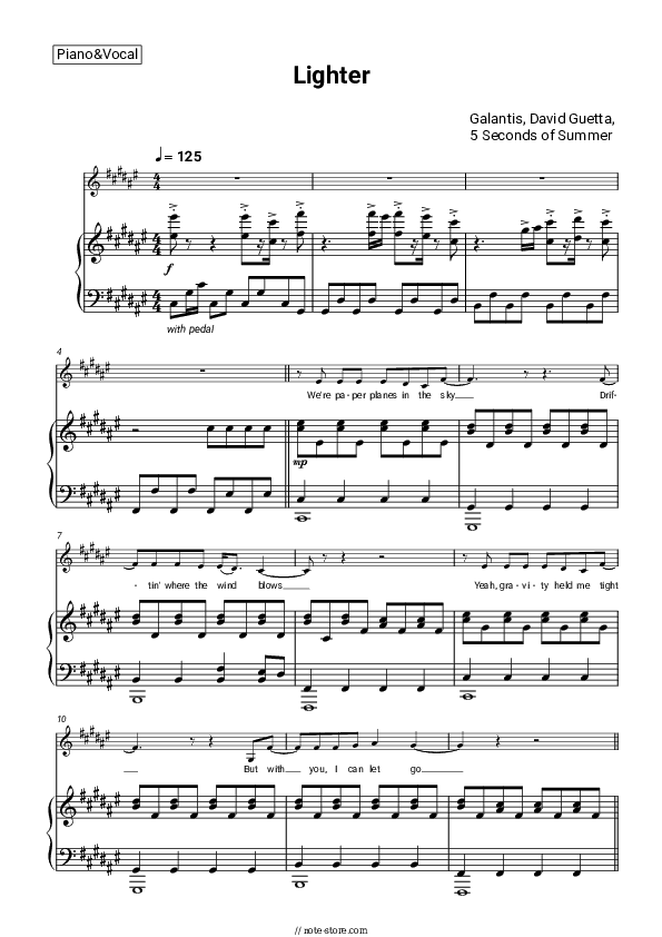 Lighter - Galantis, David Guetta, 5 Seconds of Summer Piano Sheet Music with the Voice part - Piano&Vocal