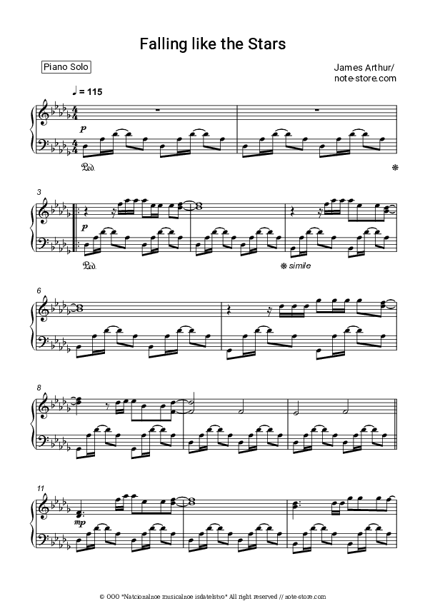 Falling like the Stars - James Arthur Piano Sheet Music - Piano.Solo