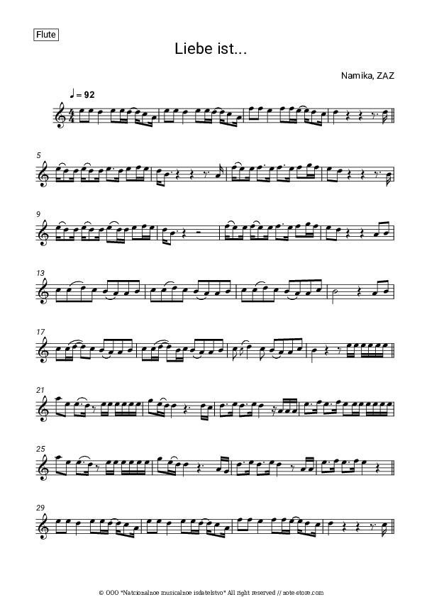 Liebe ist... - Namika, ZAZ Flute Sheet Music - Flute