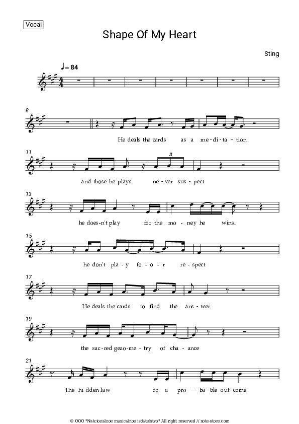 Shape of My Heart - Sting Vocal Sheet Music - Vocal