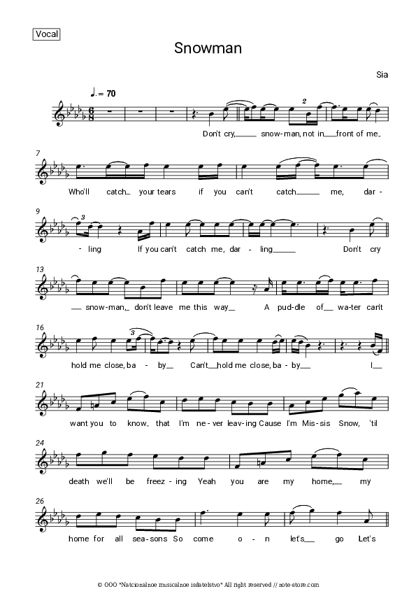Snowman - Sia Vocal Sheet Music - Vocal
