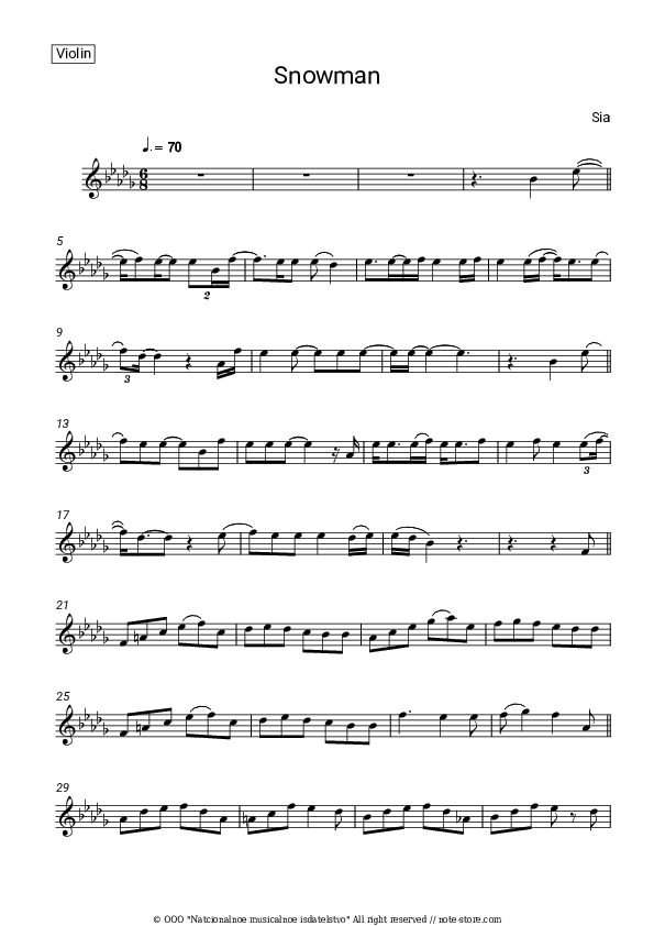 Snowman - Sia Violin Sheet Music - Violin