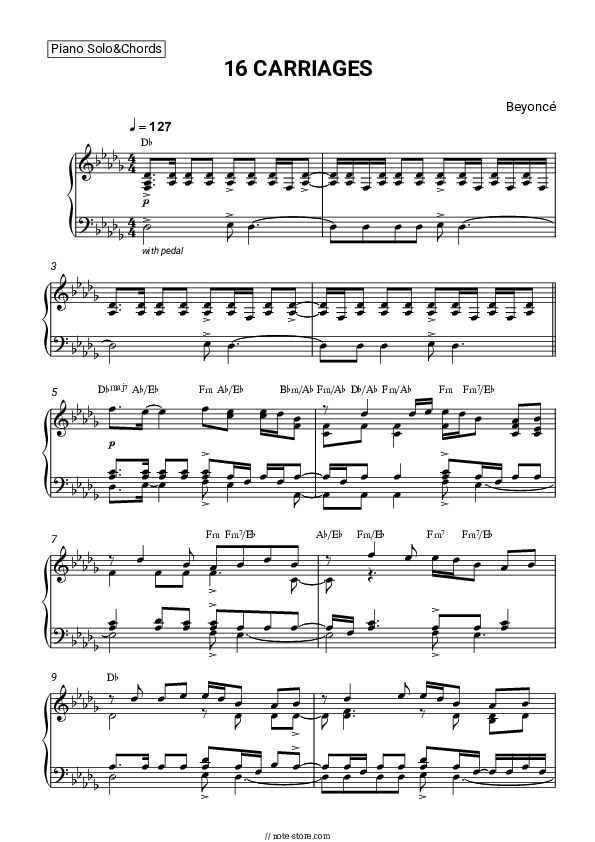 16 Carriages - Beyonce Piano Sheet Music and Chords - Piano.Solo&Chords